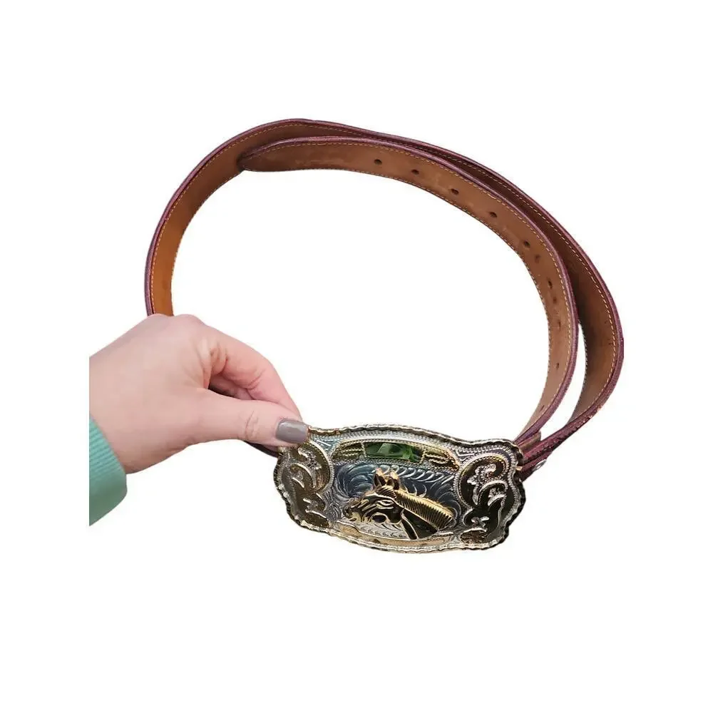 Western Rodeo horse equestrian leather belt silver gold buckle